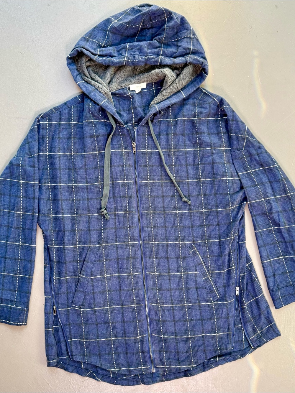 ODDY Hooded Plaid Jacket MEDIUM Grunge Back to School Zip Blue